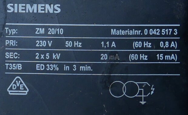 Siemens ZM 20/10 Ontstekingstransformator