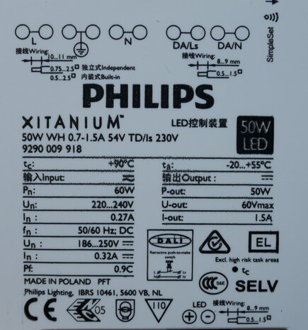 Philips Xitanium 50W WH 0.7-1.5A 54V TD/Is 230V LED driver 9290009918