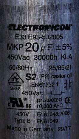 Electronicon E33.E93-502005 Condensator 20 uf 450 V AC