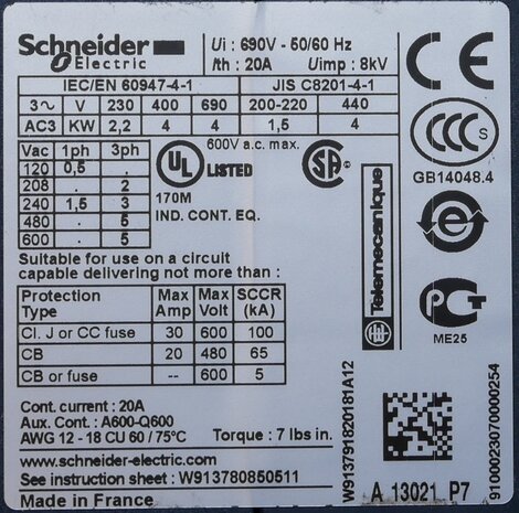 Schneider Electric LC1K0910P7 Contactor 4kw 9A AC3 230V 1NO