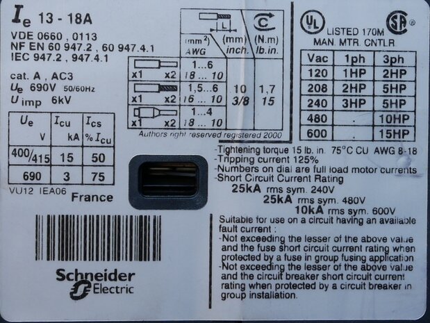 Telemecanique GV2ME20 Motor protection switch Square D, 3P 13-18A