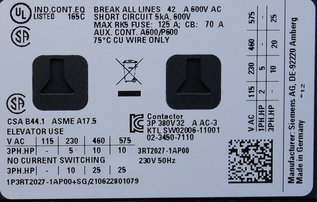 Siemens 3RT2027-1AP00 Contactor 15KW/400V,1NO+1NC, 230vac