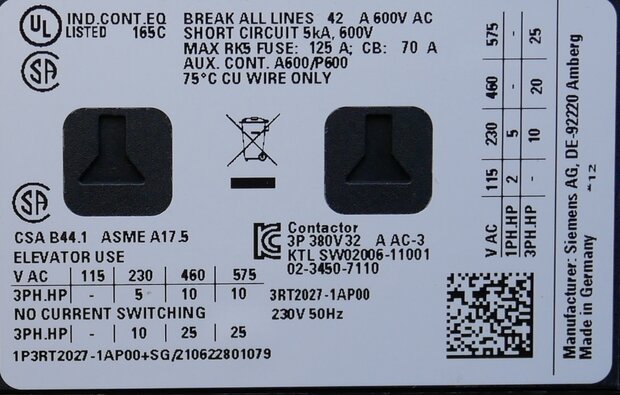 Siemens 3RT2027-1AP00 Magneetschakelaar 15KW/400V,1NO+1NC, 230vac