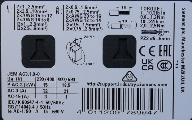 Siemens 3RT2027-1AP00 Contactor 15KW/400V,1NO+1NC, 230vac