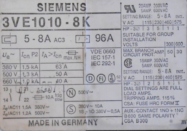 Siemens motorbeveiligingsschakelaar 3VE1010-8K