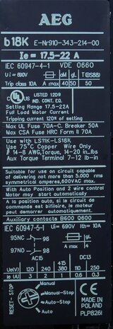 AEG B18k 17.5-22A Thermal Relay 17.5 - 22A, 1NO 1NC, 139613