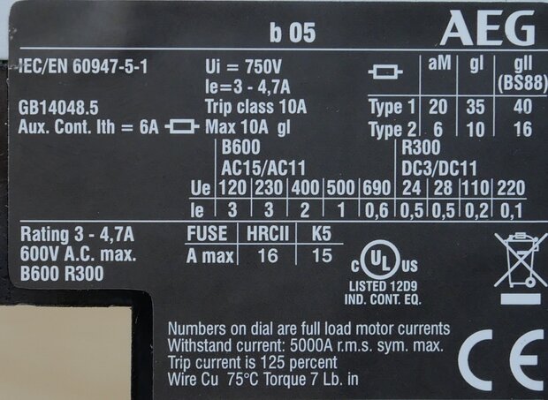 AEG b05 thermal relay setting range 3 - 4.7A, 1NC, 210086