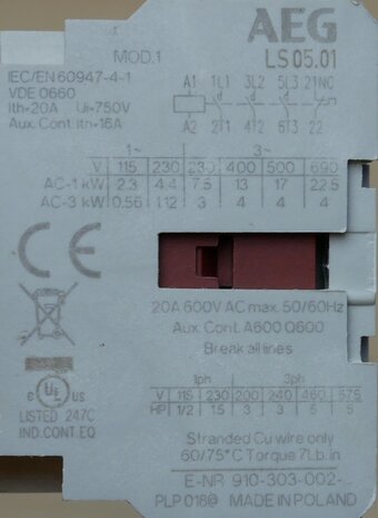 AEG LS05.01-55 contactor 3P 1NC 24V 20A, 209594