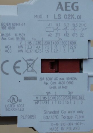 AEG LS02K.01-55 magneetschakelaar 3P 1NC 24V 20A, 137633