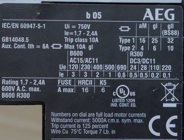 AEG b05 thermal relay setting range 1.7 - 2.4A, 1NC, 210074