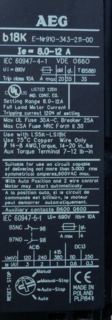 AEG b18k thermal relay setting range 8 - 12A, 1NC+1NO, 139610
