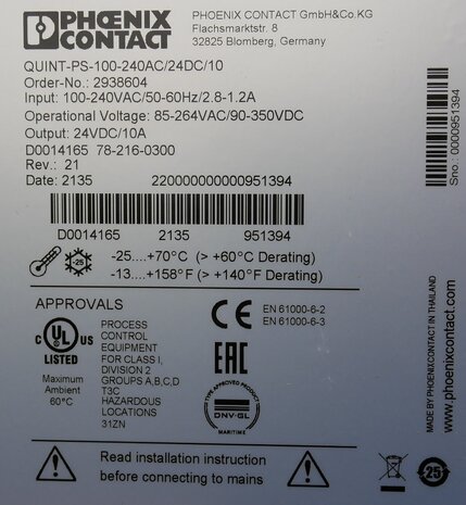 Phoenix Contact quint-PS-100-240ac/24DC/10 power supply 2938604