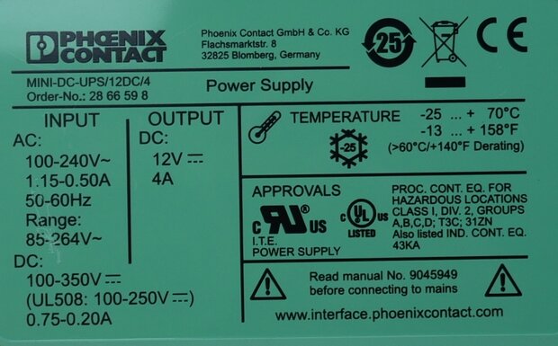 Phoenix Contact MINI-DC-UPS/12DC/4 onderbrekingsvrije voeding 2866598