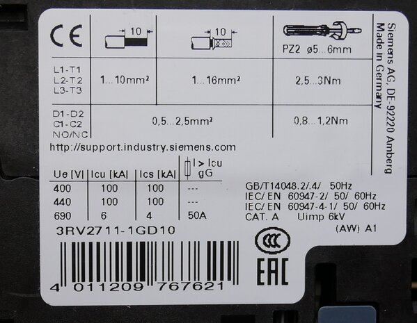 Siemens 3RV2711-1GD10 Beveiligingsschakelaar 6.3 A, 3RV27111GD10