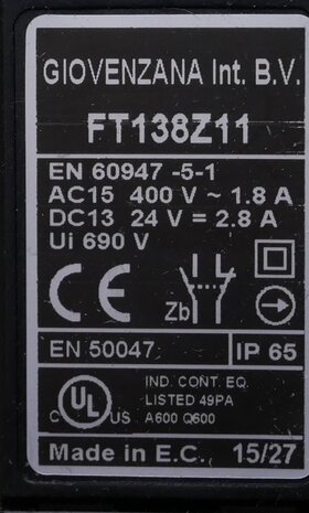 Giovenzana FT138Z11 Limit switch plastic housing, actuator with 20mm roller, snap action 1NO+1NC, M16