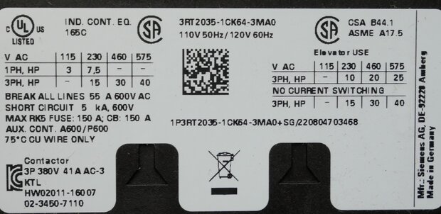 Siemens 3RT2035-1CK6-43MA0 magneetschakelaar 3P 2NO+2NC 110-120V
