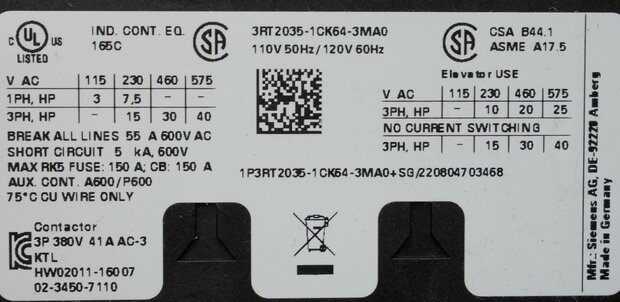 Siemens 3RT2035-1CK6-43MA0 contactor 3P 2NO+2NC 110-120V