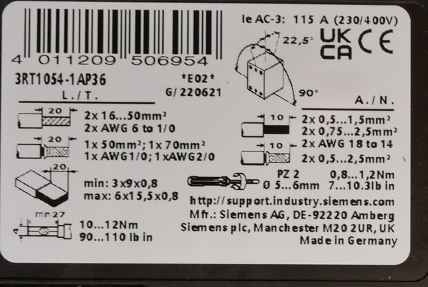 Siemens 3RT1054-1AP36 contactor ac/DC 64KW 115a ac3, 220 - 240 V (damaged)