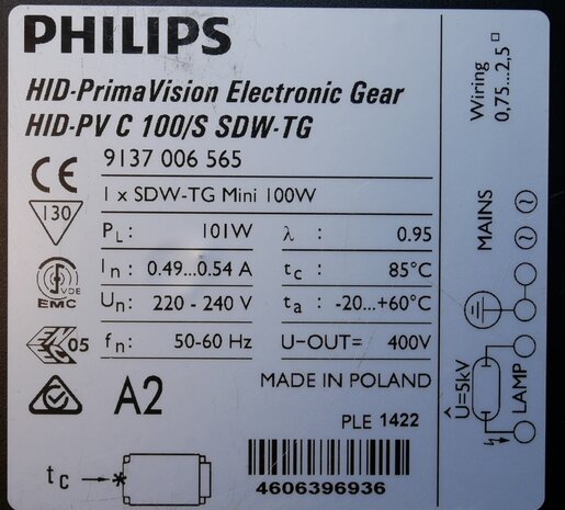 Philips 9137006565 ballast HID-PV 100 /S SDW-TG 220-240V