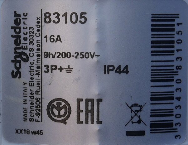 Schneider Electric 83105 cee wandcontactdoos 16a 4P 220V 9H ip44