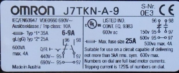 Omron Thermal protection relay 0,6-0,9 A J7TKN-A-9