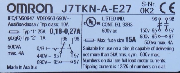 Omron Thermische beveiliging relais 0,18-0,27 A J7TKN-A-E27