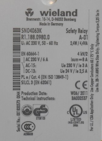 Wieland safety relay safety circuits SNO4063K