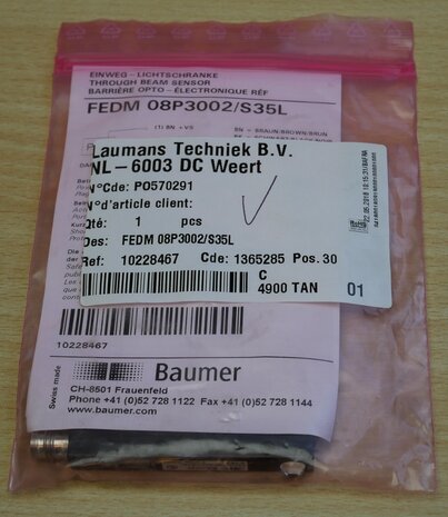 Baumer FEDM 08P3002/S35L Photoelectric Sensor PNP 2.5m 2.5ms 30V 100mA IP65