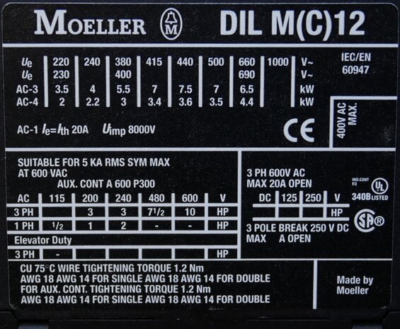 Moeller DILM12-10 contactor 400V ac 5,5KW 20A 3P+1NO, 276832