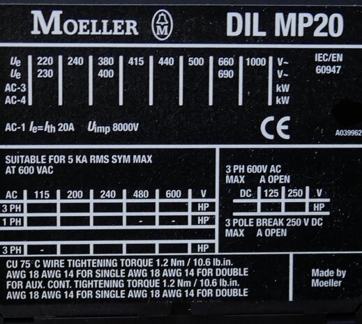 Moeller DILMP20 magneetschakelaar 230V ac 5,5KW 20A 4P, 276970