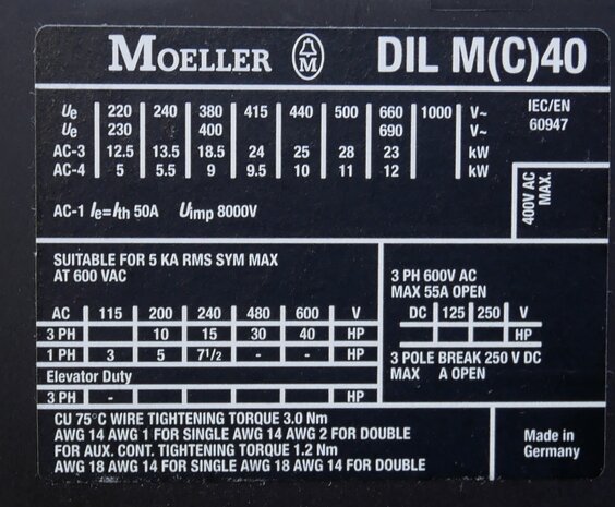 Moeller DILM40 contactor 24V AC 18,5KW 50A 3P, 277753