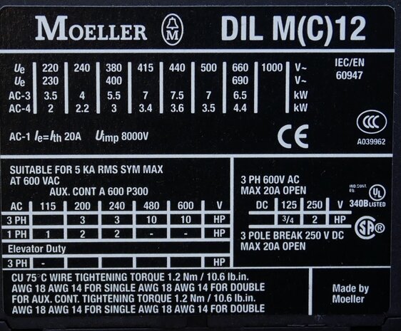 Moeller DILM12-10 magneetschakelaar 24V AC 5,5KW 20A 3P+1NO, 276834