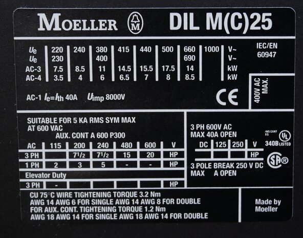 Moeller DILM25-01 contactor 400V AC 11KW 40A 3P+1NC, 277166