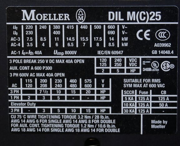 Moeller DILM25-01 contactor 24V AC 11KW 40A 3P+1NC, 277675