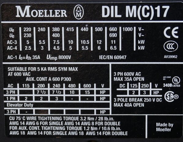 Eaton DILM17-10 magneetschakelaar 400V AC 7,5KW 35A 3P+1NO, 277006