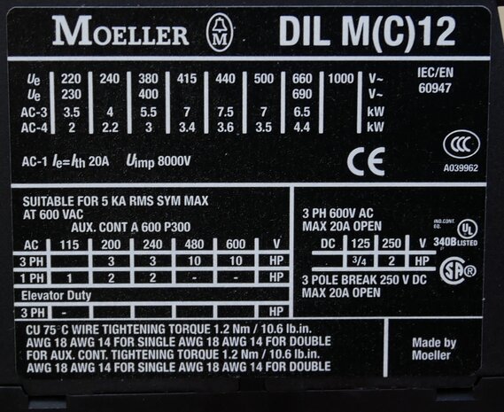 Moeller DILM12-01 magneetschakelaar 230V AC 5,5KW 20A 3P+1NC, 276865