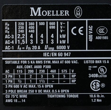 Moeller DILEM-10 contactor 230V AC 4KW 20A 3P+1NO, 051786