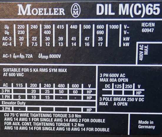 Moeller DILM65 magneetschakelaar 24V AC 30KW 72A 3P, 277881