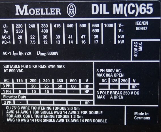 Moeller DILM65 contactor 400V AC 30KW 72A 3P, 277896