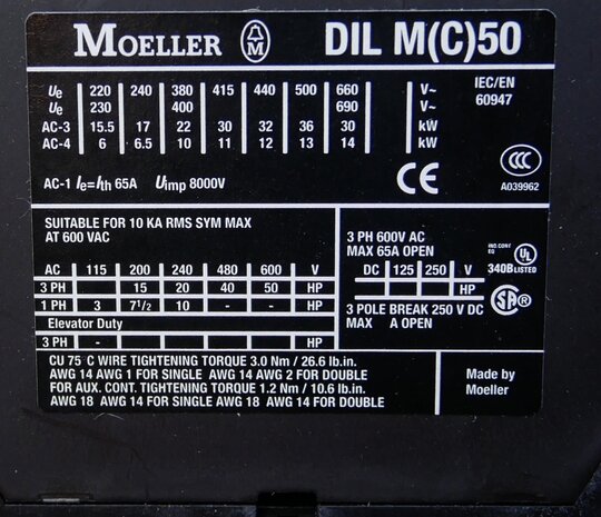Moeller DILM50 (RDC24) contactor 24-27V DC 22KW 65A 3P, 277844