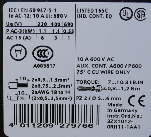 Siemens 3RH1140-1AP00 magneetschakelaar 230V AC 4NO 10A, 3RH11401AP00