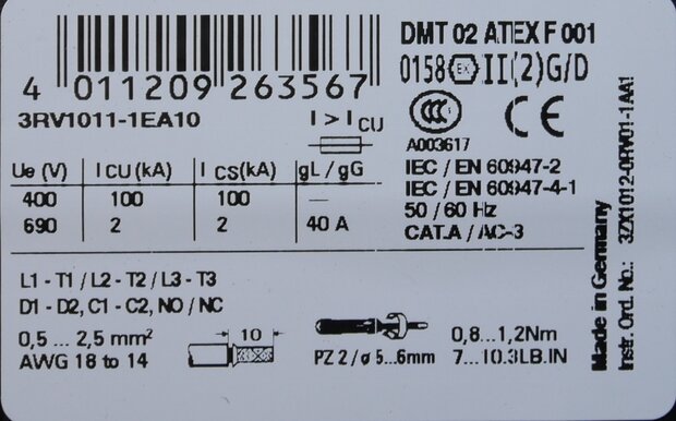 Siemens 3RV1011-1EA10 motor protection switch 2.8-4a S00, 3RV10111EA10