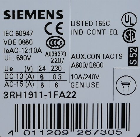 Siemens 3RH1911-1FA22 hulpcontact 2NO+2NC, 3RH19111FA22
