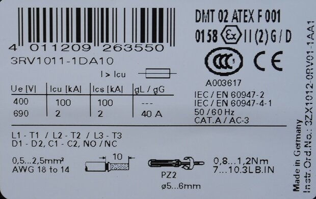 Siemens 3RV1011-1DA10 motor protection switch 2.2-3.2A S00, 3RV10111DA10