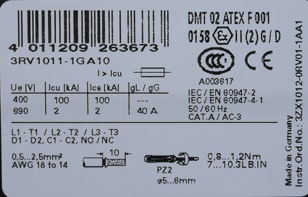 Siemens 3RV1011-1GA10 motor protection switch 4.5-6.3A S00, 3RV10111GA10