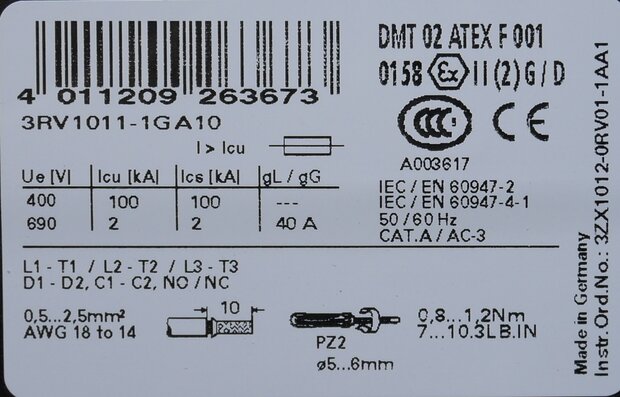 Siemens 3RV1011-1GA10 motorbeveiligingsschakelaar 4.5-6.3A S00, 3RV10111GA10