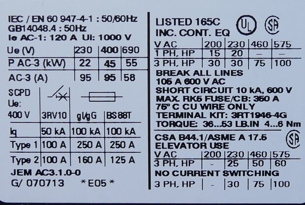 Siemens 3RT1046-1AV00 magneetschakelaar 400V 3P 120A, 3RT10461AV00