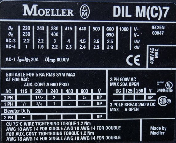 Moeller DILM7-01 contactor 400V AC 3P+1NC, 276587