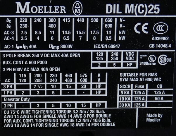 Moeller DILMC25-01 magneetschakelaar 24V AC 3P+1NC 40A, 277675