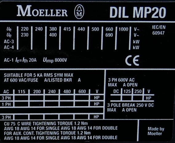 Moeller DILMP20 contactor 400V ac 5,5KW 20A 4P, 276972